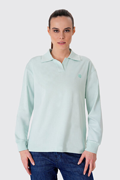 UNIQVIBE Polo Yaka %100 Organik Pamuk Su Yeşili Kadın Uzun Kollu Tişört