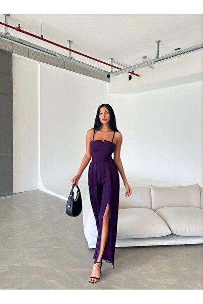 Modafeminen Krep Kumaş Askılı Yaka Ve Yırtmaç Detaylı Tulum 582232 Mor