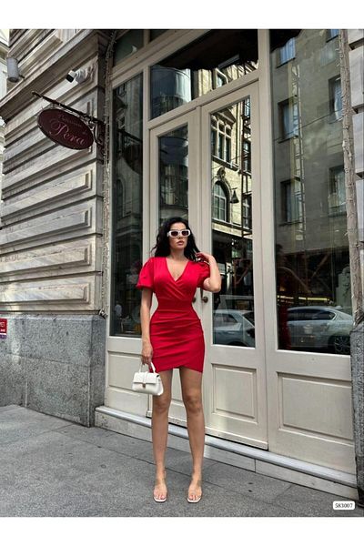Modafeminen Double Breasted Collar Balloon Sleeve Shirred Dress 583007 Red
