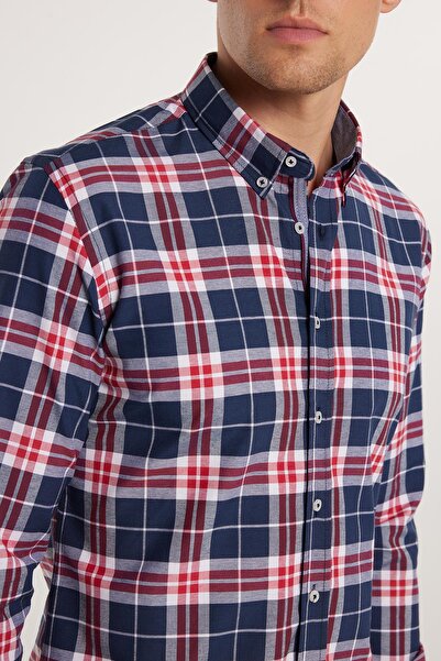 Tudors Erkek Slim Fit Dar Kesim Uzun Kollu Pamuklu Kolay Ütü Kareli Düğmeli Yaka Gömlek