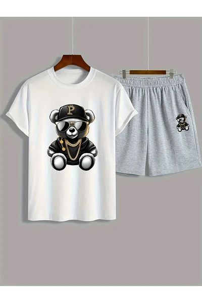 NEW TRENDY COLLECTİON Bear Patterned Men's Short Sleeve T-Shirt & Lace-Up Shorts Set of 2 with Sunglasses