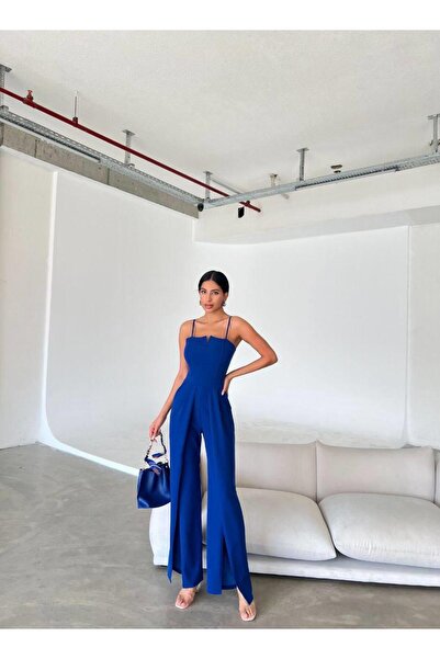 Modafeminen Krep Kumaş Askılı Yaka Ve Yırtmaç Detaylı Tulum 582232 Saks