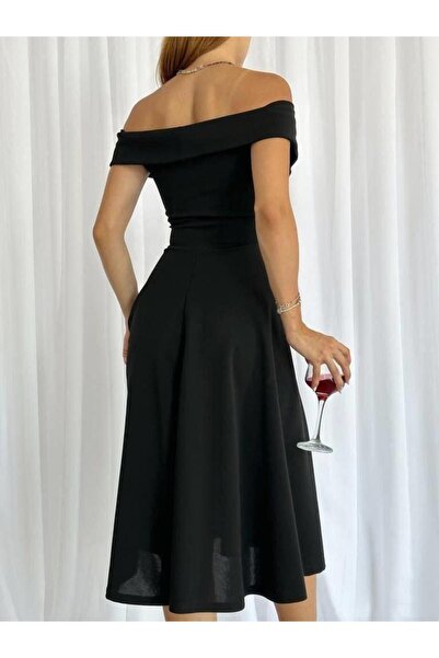 Modafeminen Düşük Omuz Midi Abiye Elbise 582535 Siyah
