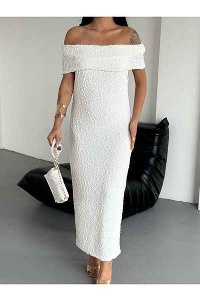 Cistern İstanbul Rochie lungă de tricotaj cu textura albă cu guler Madonna de damă