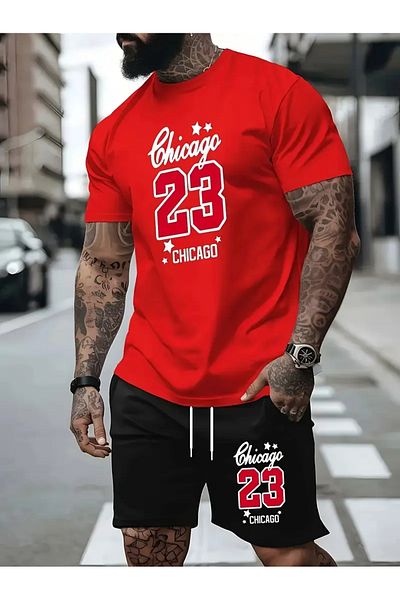 Minikelya Men's 2 Piece Set, Chicago 23 Print, Comfortable Crew Neck Short Sleeve