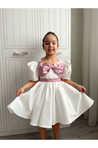 Sare Çocuk Giyim Girl's Satin Off-White Bow Model Princess Wedding Evening Dress