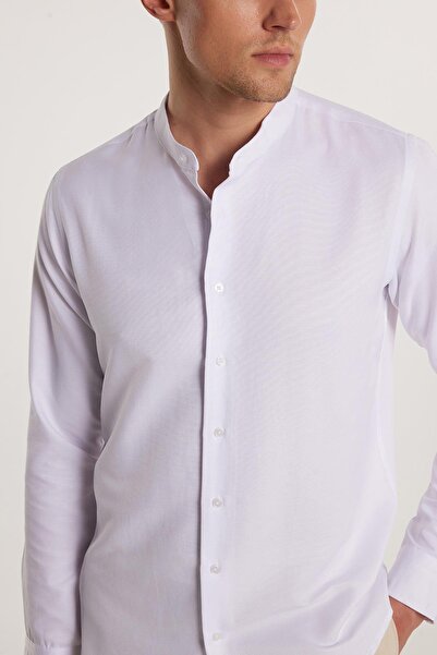 Tudors Erkek Slim Fit Dar Kesim Uzun Kollu Pamuklu Beyaz Hakim Yaka Gömlek