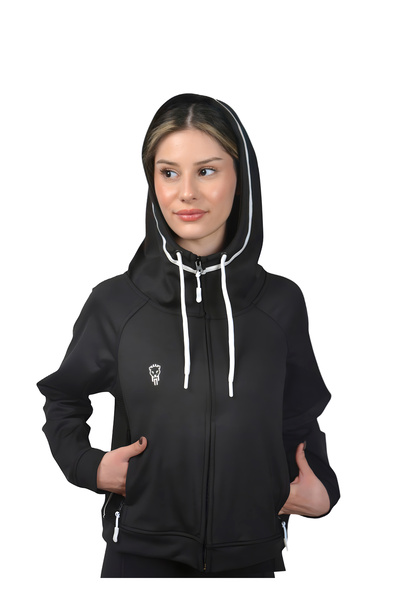 Lioness Activewear Black Women's Crop Sweatshirt Zip Back Low-Cut Hooded Sweatshirt
