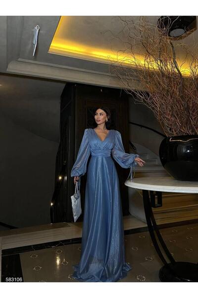 Modafeminen Simli Tül Abiye 583106 Mavi
