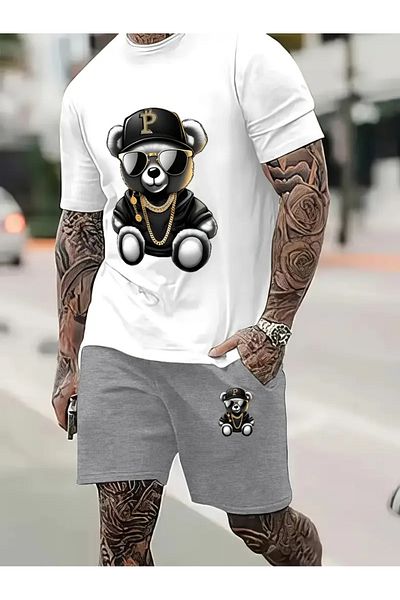 NEW TRENDY COLLECTİON Bear Patterned Men's Short Sleeve T-Shirt & Lace-Up Shorts Set of 2 with Sunglasses
