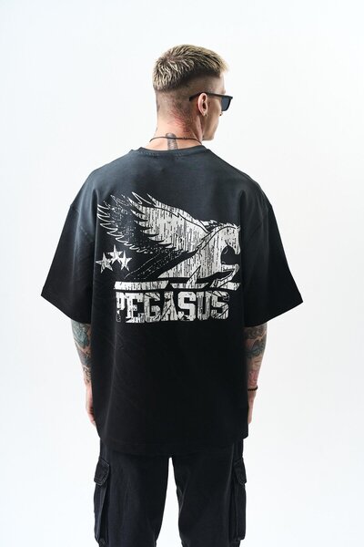 Respire Erkek Pegasus Baskılı Oversize T-Shirt Siyah
