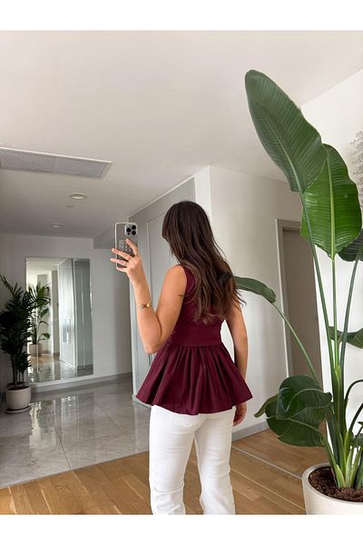 Cistern İstanbul Women's Burgundy Belted V-Neck Blouse
