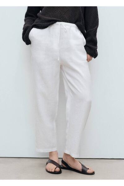 MANGO Woman Düz kesim keten pantolon