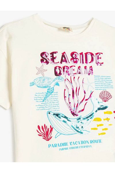 Koton Sequin Sequined Print Detailed Ecru Girl's T-Shirt 5Skg10154Ak