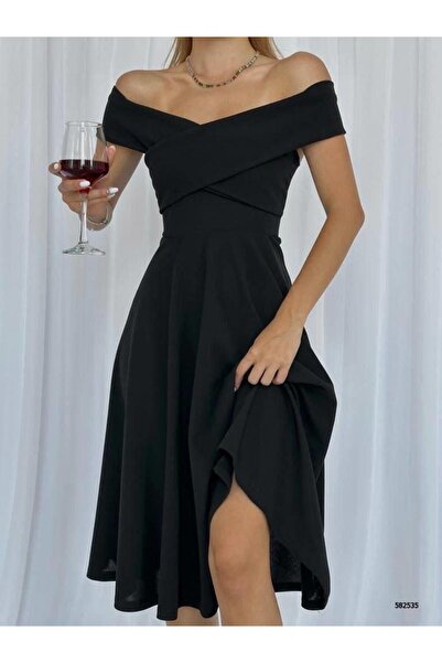Modafeminen Düşük Omuz Midi Abiye Elbise 582535 Siyah