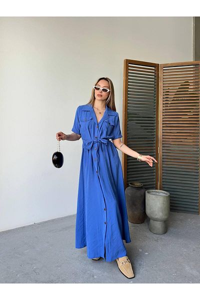 Cistern İstanbul Rochie de damă albastră cu buzunar, cu curea în față, cu mânecă scurtă, cu nasturi