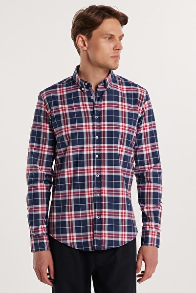 Tudors Erkek Slim Fit Dar Kesim Uzun Kollu Pamuklu Kolay Ütü Kareli Düğmeli Yaka Gömlek