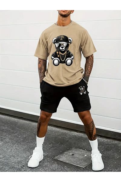 Minikelya Bear Patterned Men's Short Sleeve T-Shirt & Lace-Up Shorts Set of 2 with Sunglasses