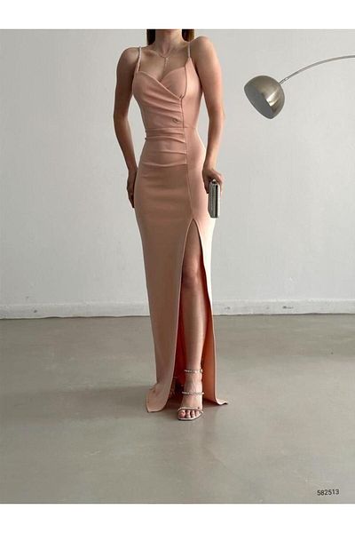 Modafeminen Scuba Fabric Chest Low-Cut and Slit Detailed Stone Design Strap Dress 582513 Powder