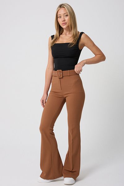 Montland Women's Tan Belted High Waisted Flared Trousers