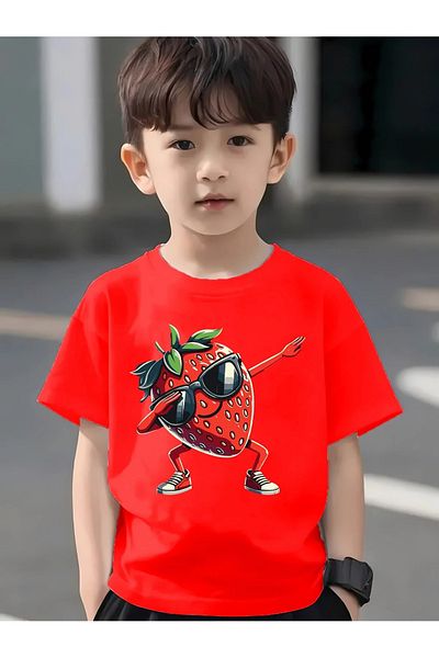 vinraus Girl/Boy Red Glasses Strawberry Printed Combed Cotton T-Shirt