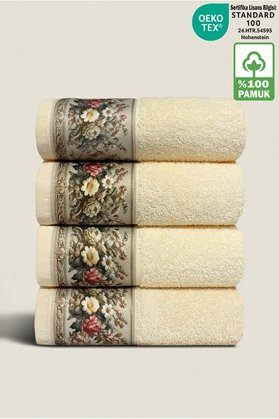 Ellaline Σετ πετσετών FIORE 4 τεμαχίων 100% βαμβακερό μοτίβο λουλουδιών Χέρι / Πρόσωπο / Κουζίνα 50x90cm