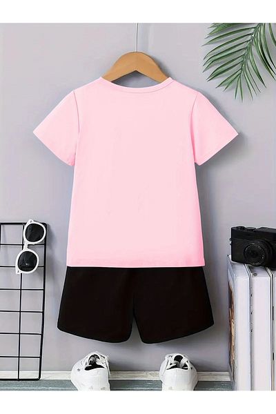 vinraus Girl\Boy Pink-Black Mountain Bike Printed Combed Cotton Shorts-Tshirt Set