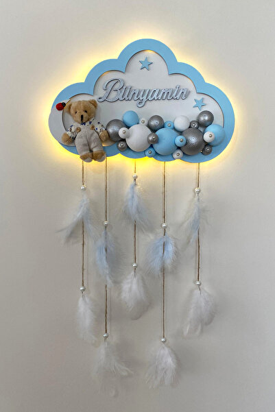 Ahşaplan Bubble Ledli Bulut Bebek Kapı Süsü | Bebek Odası Duvar Süsü