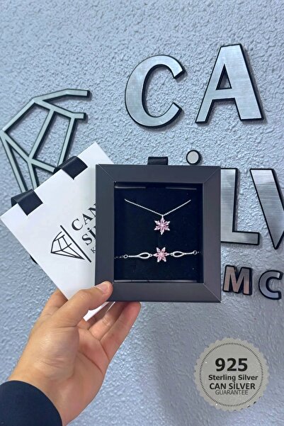 CAN SİLVER 925 ayar gümüş Pembe Zirkon taşlı Manolya Kolye Bileklik set-özel kutulu