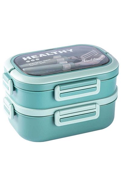 Tantitoni 1.65 Liter 2-Tier Food Carrying Container with Plate, Fork and Spoon
