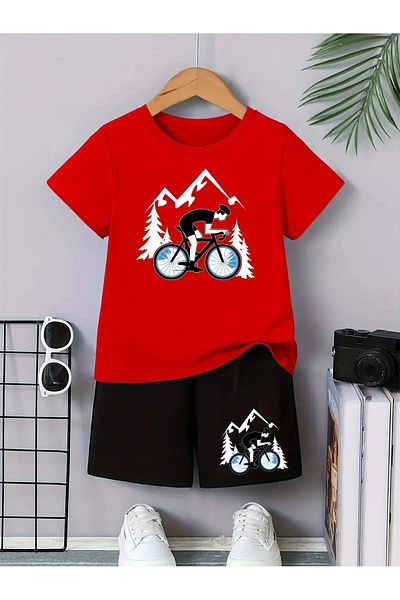 vinraus Girl\Boy Red-Black Mountain Bike Printed Combed Cotton Shorts-Tshirt Set