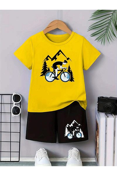vinraus Girl\Boy Yellow-Black Mountain Bike Printed Combed Cotton Shorts-Tshirt Set