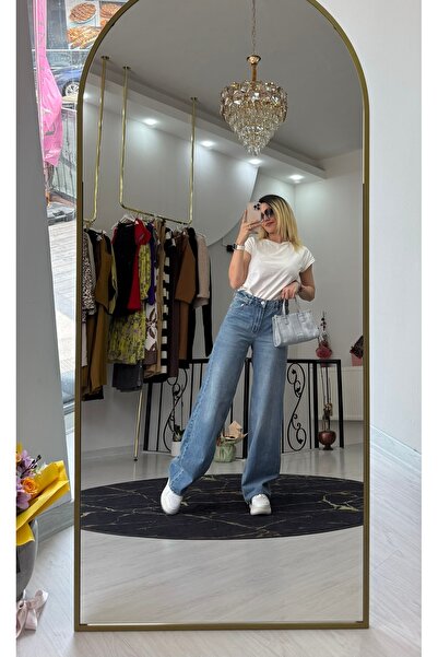 Butik Kot denim palazzo bol yüksek bel uzun pantolon