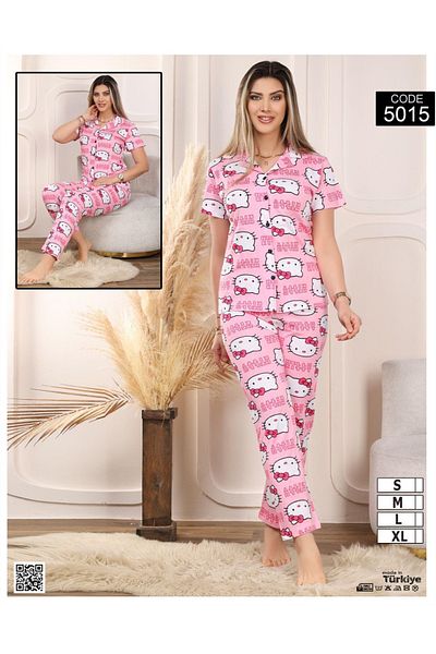 ARBİ kids Women's Hello Kitty Printed Short Sleeve Button Pajama Set