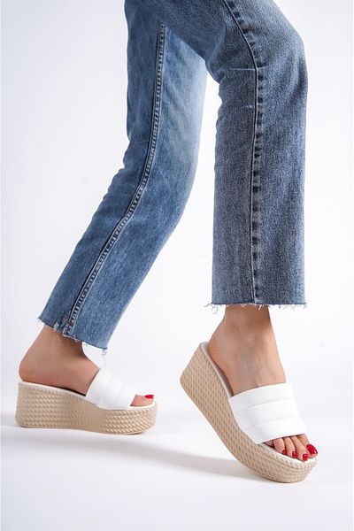 Joy Ayakkabı Reina Wedge Heeled Orthopedic Sole Straw Look Women's Slippers Kt - White
