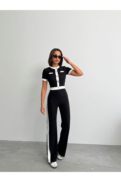 Lusin Women's Black Stylish Stripe Detailed Short Sleeve Blouse Pants Bottom Top Two Piece Summer Suit