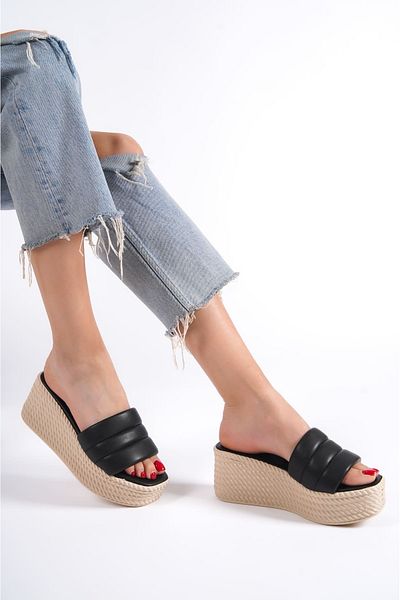 Joy Ayakkabı Reina Wedge Heeled Orthopedic Sole Straw Look Women's Slippers Kt - Black