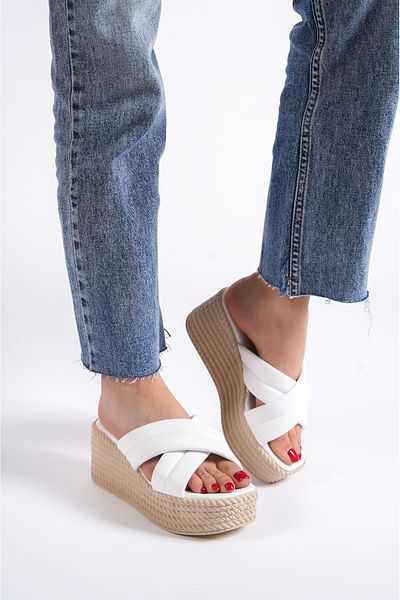 Joy Ayakkabı Joymix Wedge Heeled Orthopedic Sole Straw Look Women's Slippers Kt - White