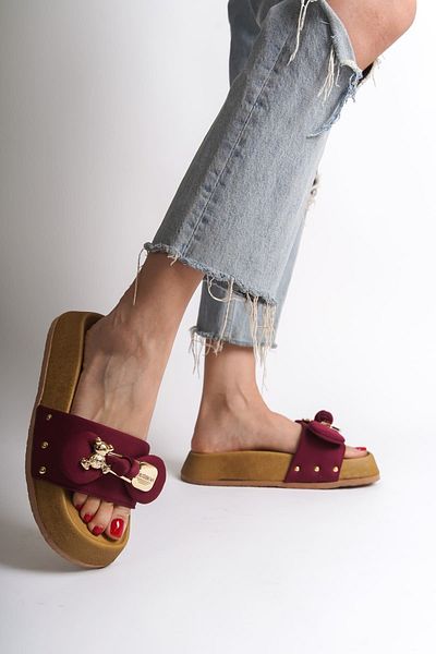 Joy Ayakkabı Dila Thick and Orthopedic Sole Teddy Bear Satin Women's Slippers Kt - Claret Red