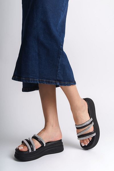 Joy Ayakkabı Elise Flat Heeled Striped Stone Thick and Orthopedic Sole Women's Slippers St - Black
