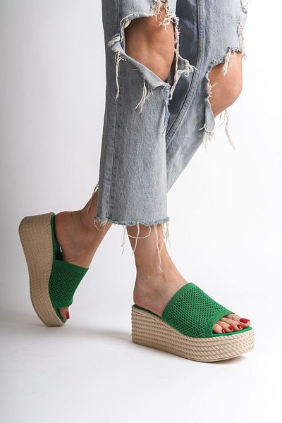 Joy Ayakkabı Marla Wedge Heeled Orthopedic Sole Straw Look Knitwear Women's Slippers Kt - Green