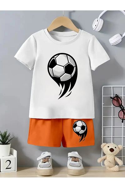 vinraus Girl\Boy White-Orange Football Ball Printed Combed Cotton Shorts-Tshirt Set