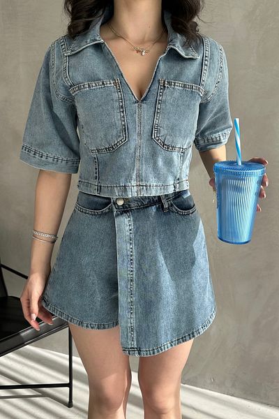 LB Laluna Butik Set de blugi cu bluză albastră și fustă asimetrică