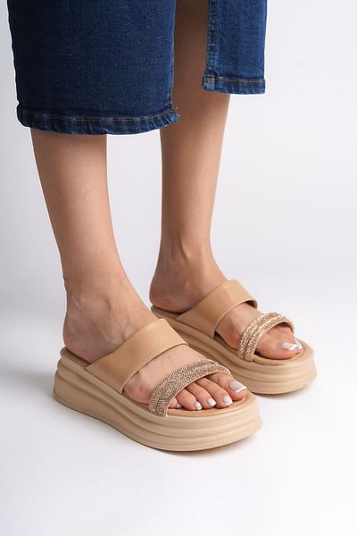 Joy Ayakkabı Sarah Flat Heeled Stone Striped Thick and Orthopedic Sole Women's Slippers Tt - Ten