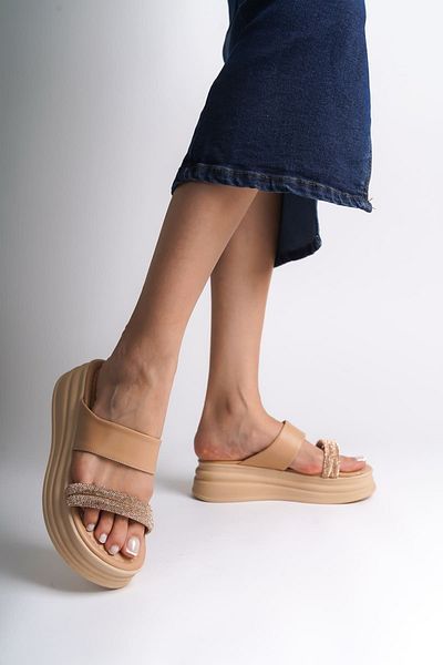 Joy Ayakkabı Sarah Flat Heeled Stone Striped Thick and Orthopedic Sole Women's Slippers Tt - Ten