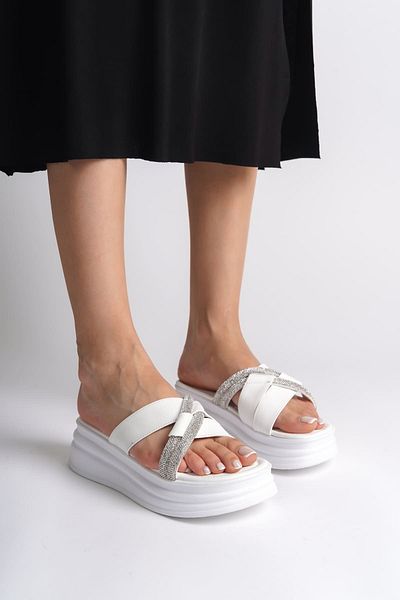 Joy Ayakkabı Ruby Flat Heeled Stone Cross Striped Thick and Orthopedic Sole Women's Slippers Bt - White