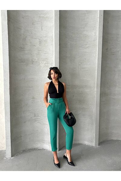Bleu Petite Pantaloni de damă cu talie înaltă cu centură de culoare verde