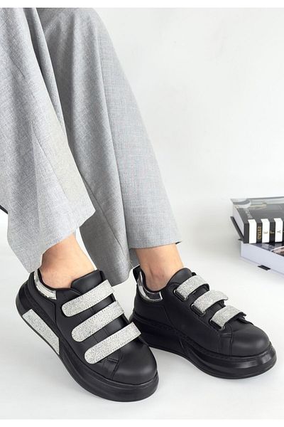 ED KLAS Elika Black Skin Glittery Velcro Sports Shoes