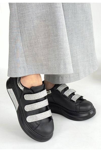ED KLAS Elika Black Skin Glittery Velcro Sports Shoes