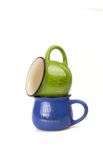 MUKKO HOME Set of 2 Enamel Look Colored Porcelain Mugs Good Morning Gold Written 250 ml